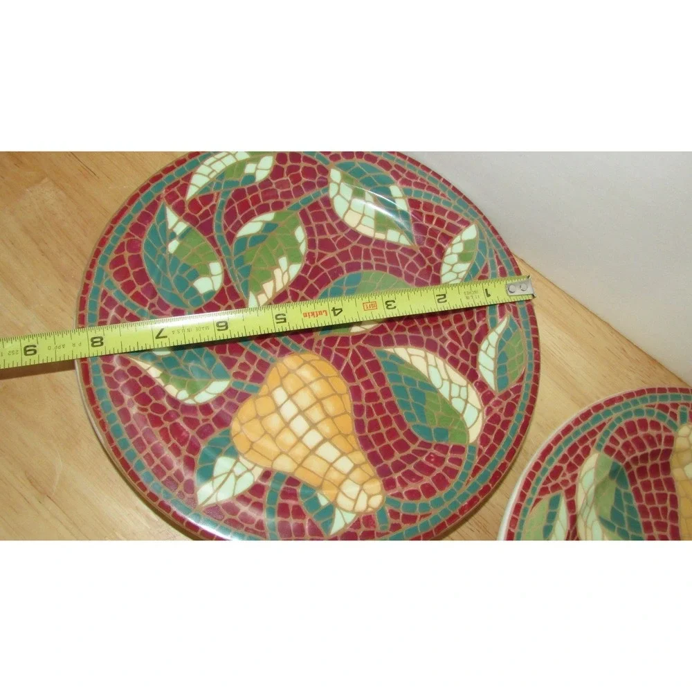 Pier 1 Mosaic Fruit red green pear leaves Salad luncheon 2 plates set lot 8 1/4